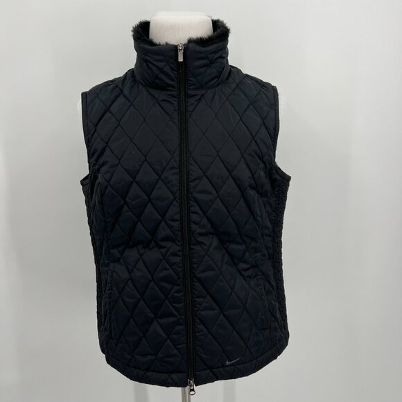 Nike Women's Faux Fur Collar Zip-Up Quilted Vest XL Extra Large Black - Picture 3 of 9